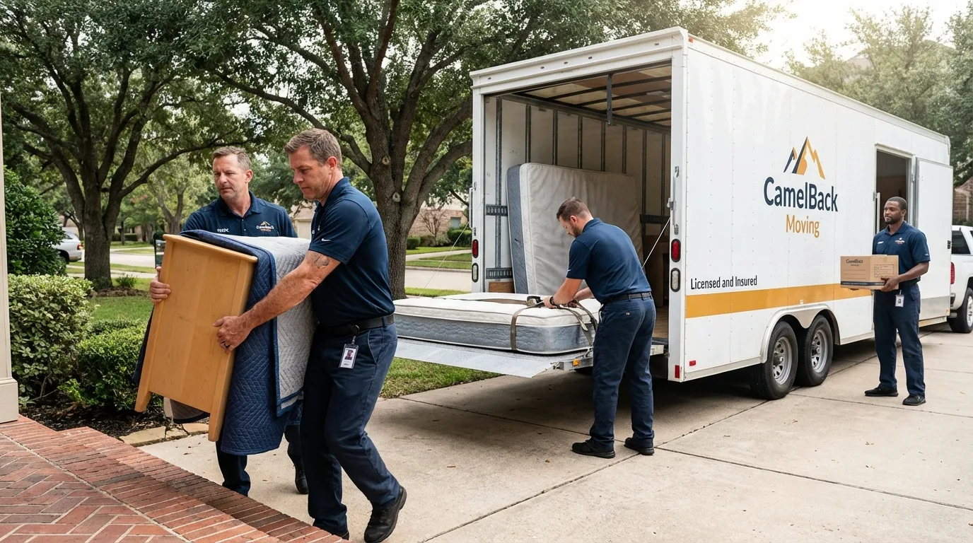 Crew loading residential truck for cross-state move from Slinger, WI
