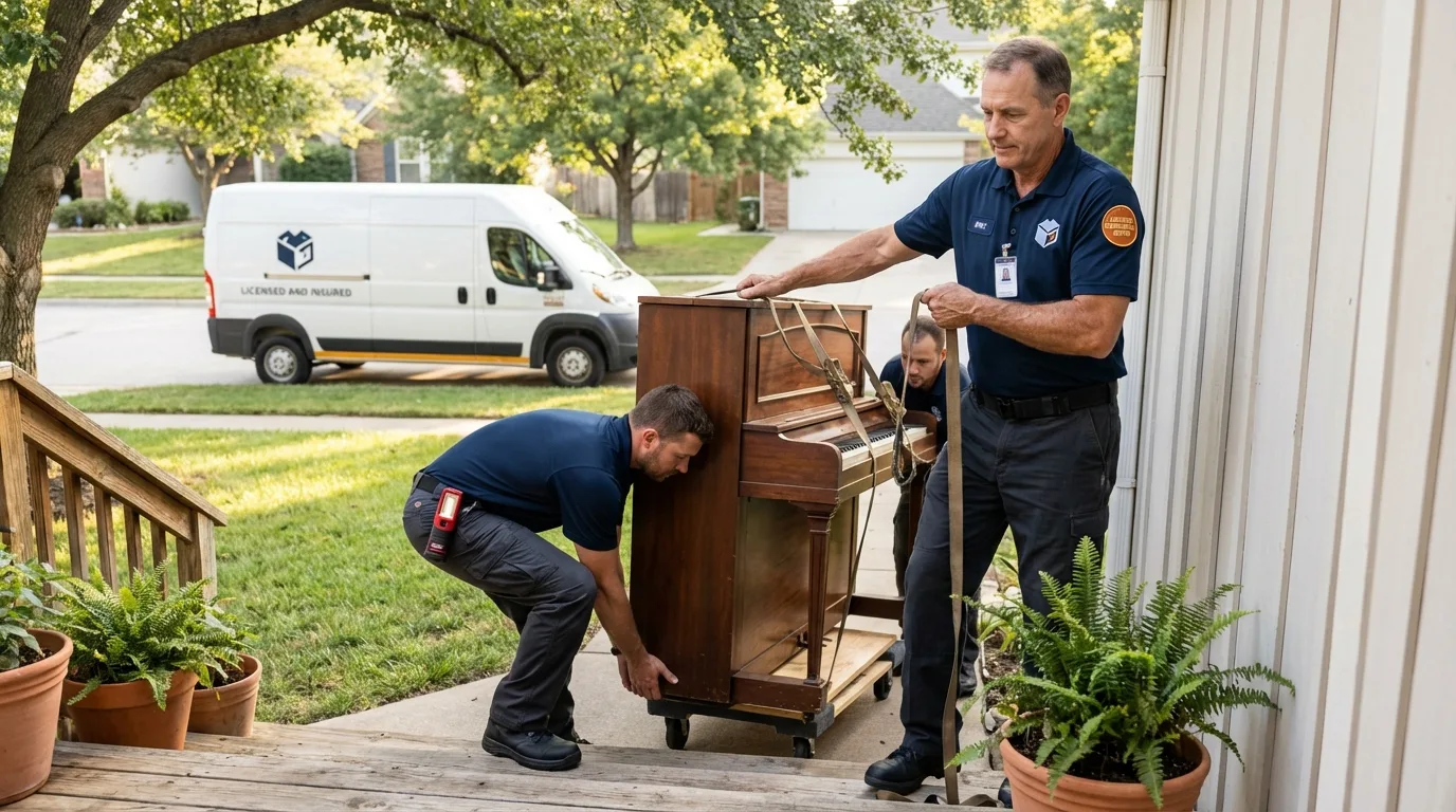 Licensed piano movers securing grand piano in Slinger, WI