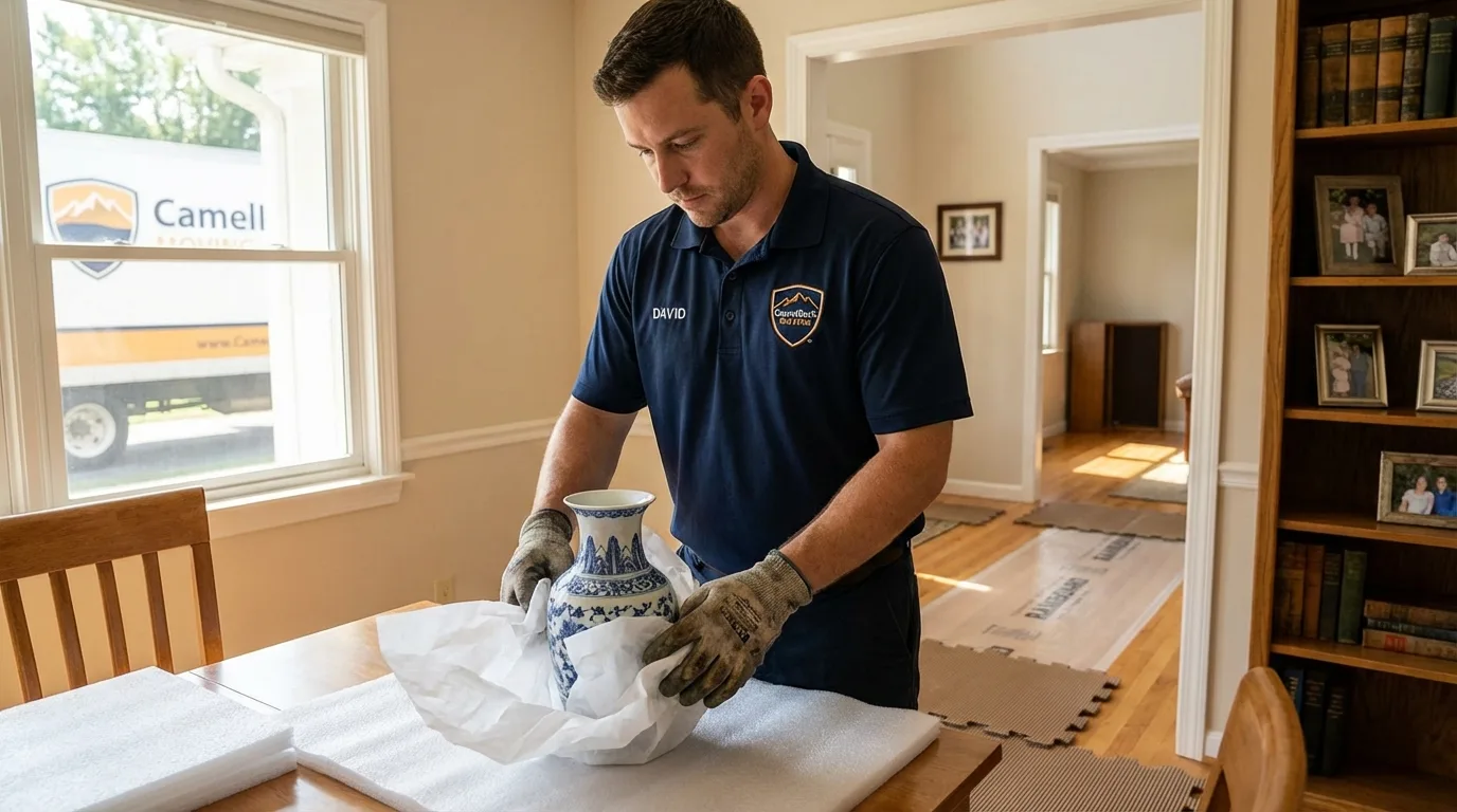 Professional crew carefully wrapping antique vase for senior downsizing move in Slinger, WI